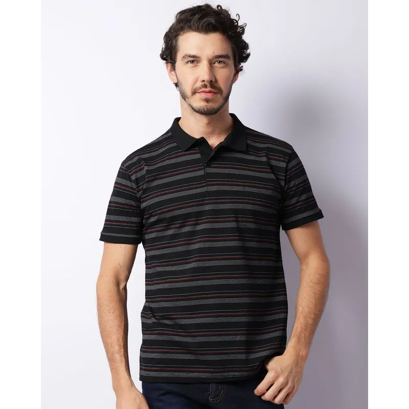 Camisa Polo Masculina Listrada Com Bolso Preta M