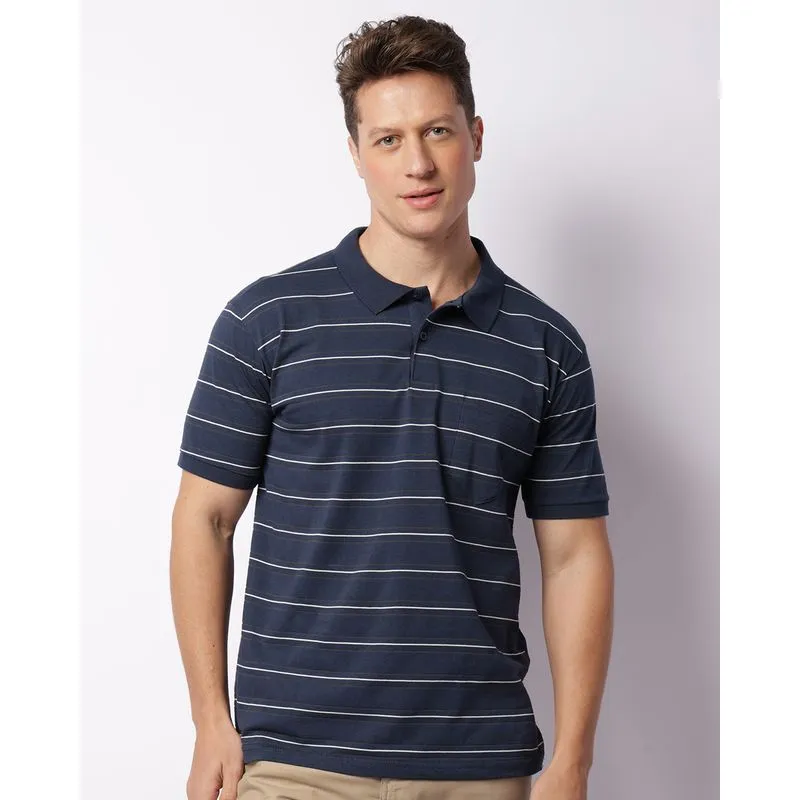 Camisa Polo Masculina Listrada Com Bolso Marinho G