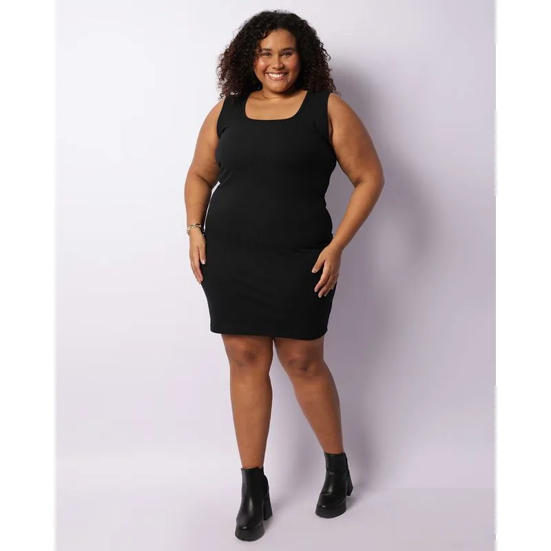Vestido Plus Size Feminino Curto Canelado Preto G3