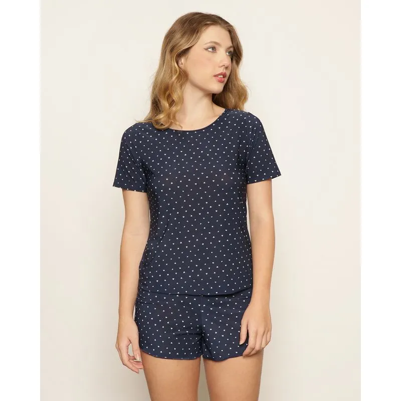 Pijama Feminino Curto Liganete Estampado Coração Marinho G