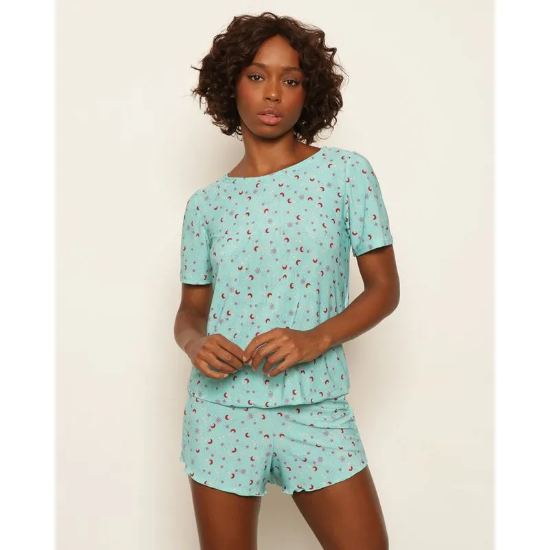 Pijama Feminino Curto Liganete Estampado Verde M