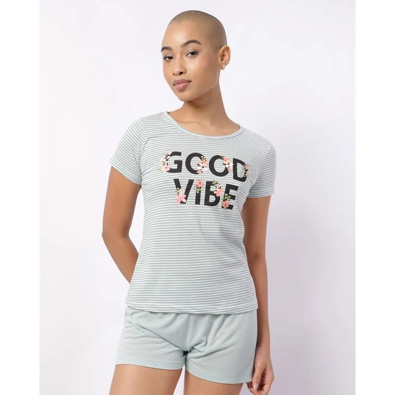 Pijama Feminino Curto Listrado com Estampa Verde GG