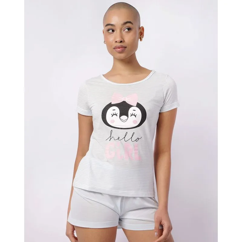 Pijama Feminino Curto Listrado com Estampa Pinguim Azul GG