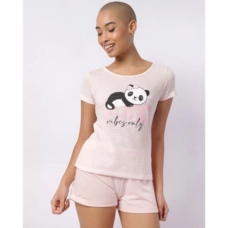 Pijama Feminino Curto Listrado com Estampa Panda Rosa GG