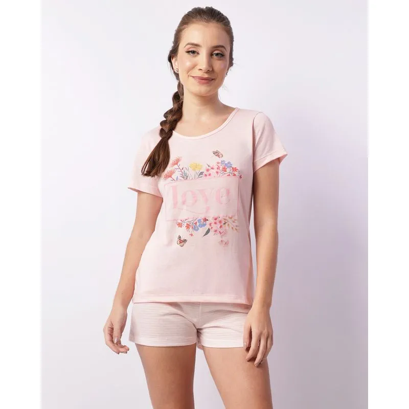 Pijama Feminino Curto Estampado Listrado Rosa G