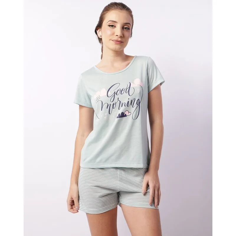 Pijama Feminino Curto Estampado Listrado Verde G