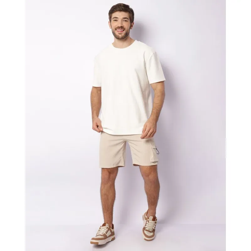 Bermuda Masculina Reta Bolso Cargo Com Cordão Bege P
