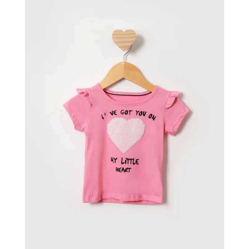 Blusa Bebê Estampa Coração Manga Curta Babado Lurex Rosa 1