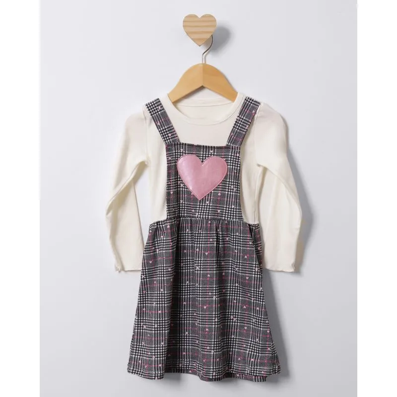 Vestido Bebê Manga Longa Sobreposição Com Estampa Xadrez Cinza 1