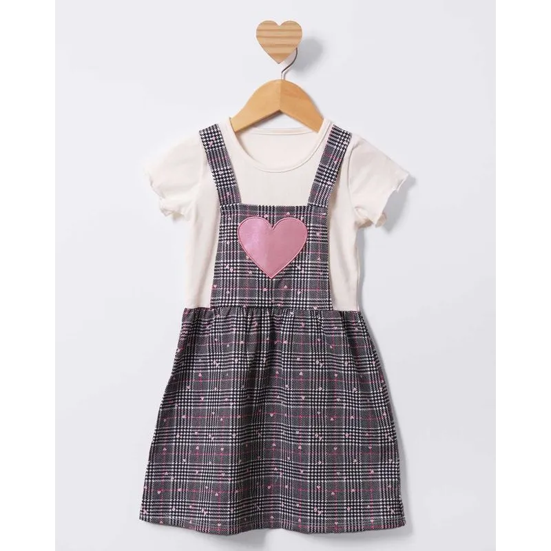 Vestido Bebê Manga Curta Salopete Com Aplicação Xadrez Cinza 3