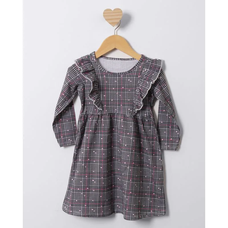 Vestido Bebê Longo Estampado Xadrez Manga Longa Cinza 3