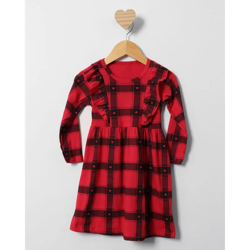 Vestido Bebê Manga Longa Babado Com Estampa Xadrez Vermelho 3