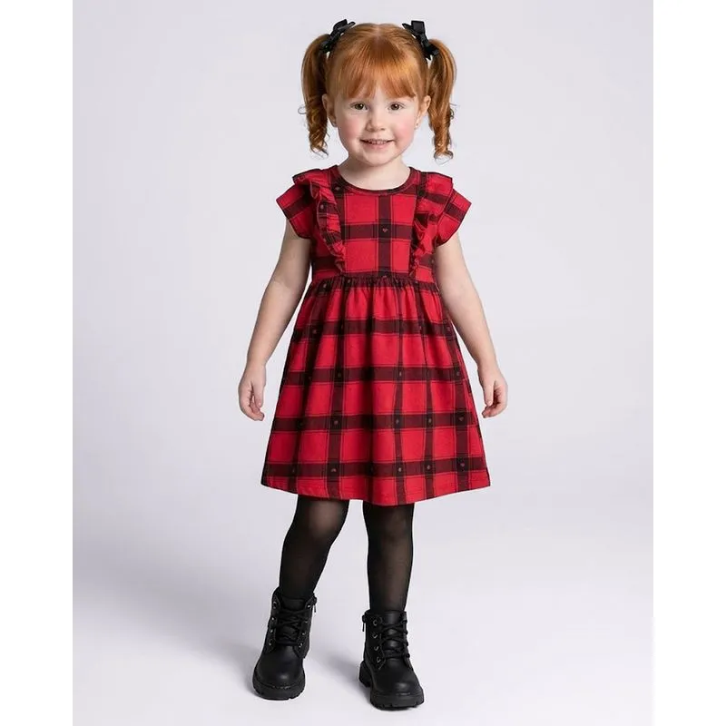 Vestido Bebê Estampa Xadrez Com Babado Manga Curta Vermelho 1