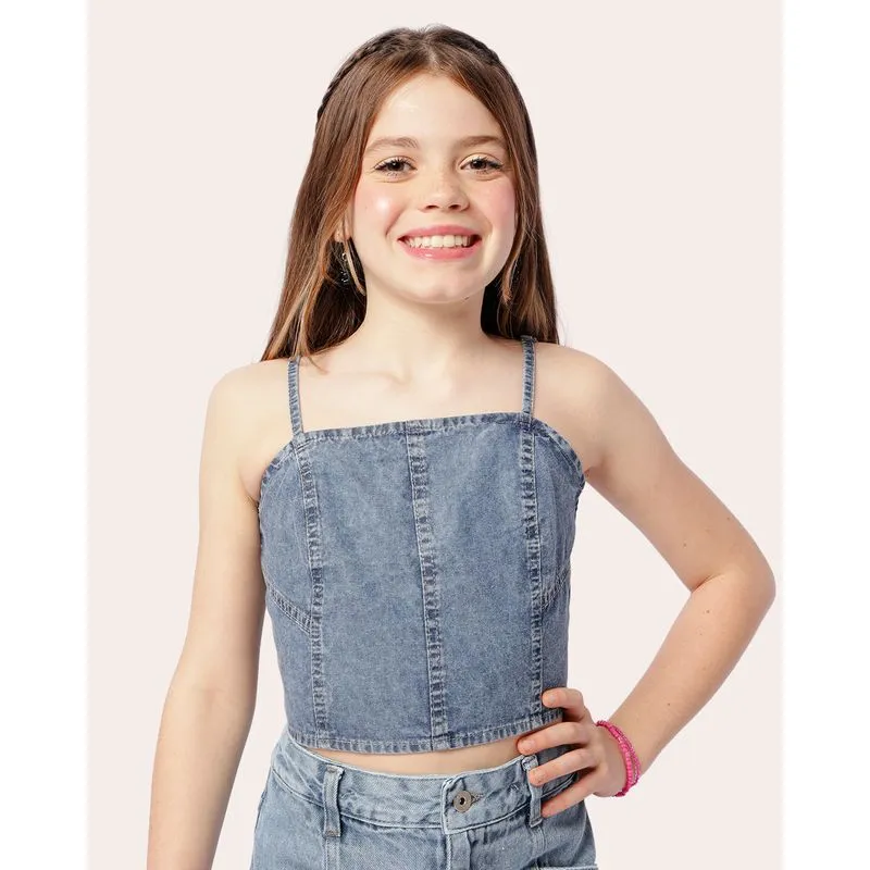 Regata Jeans Juvenil Cropped Com Recortes Azul 10