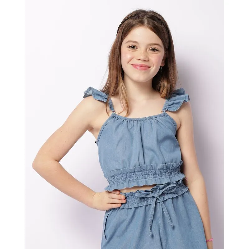 Regata Jeans Juvenil Cropped Elástico Na Barra Azul 12