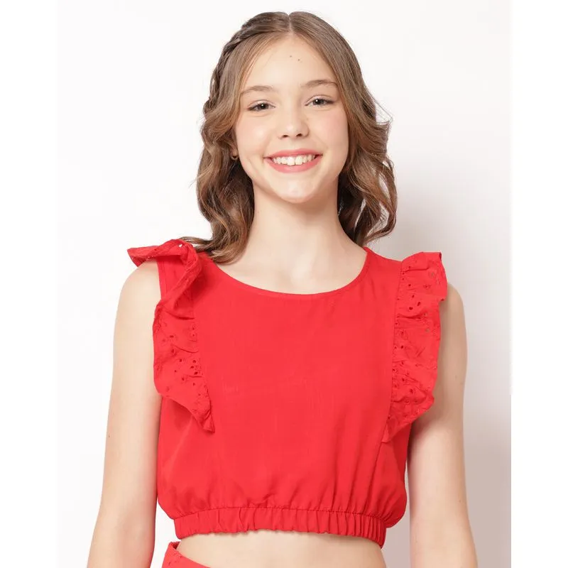 Blusa Juvenil Cropped Algodão Babado Laise Vermelha 12