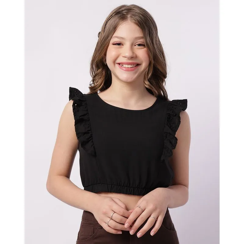 Blusa Juvenil Cropped Laise com Babado Preta 10