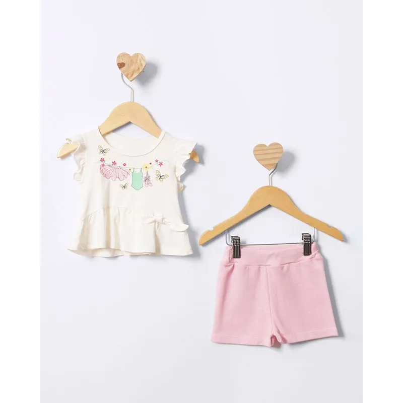 Conjunto Bebê Curto Estampa Ballet Manga Curta Off White P