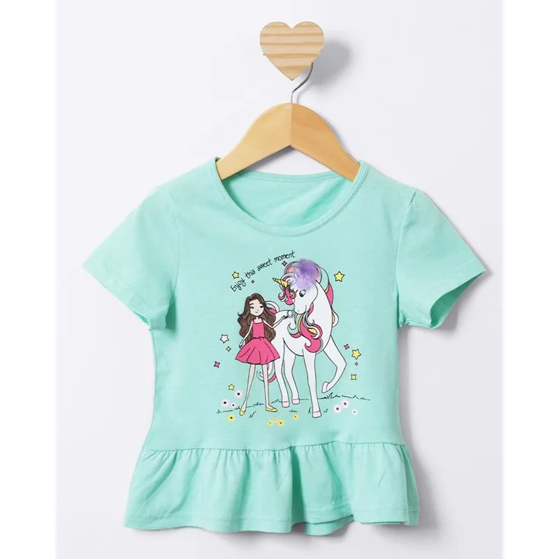 Blusa Bebê Manga Curta Estampa Interativa Unicórnio Verde 2