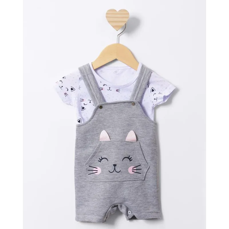 Conjunto Jardineira Curta Estampa Gatinho Interativa Cinza M