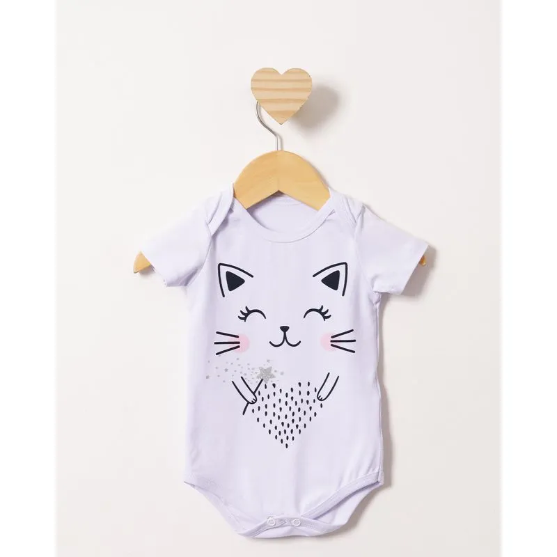 Body Bebê Estampa Gatinho Manga Curta Branco M