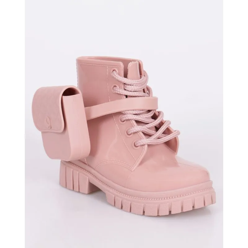 Bota Bebê Coturno Tratorada Com Bolsinha Cadarço Rosa 25/26