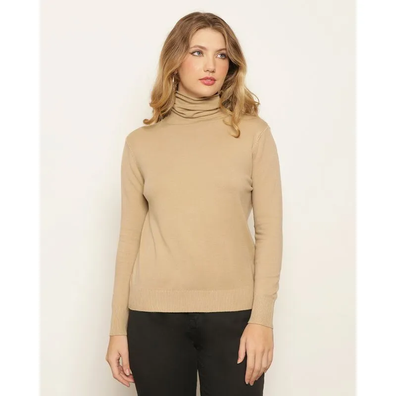 Blusa Feminina Tricô Manga Longa Gola Alta Bege Claro GG