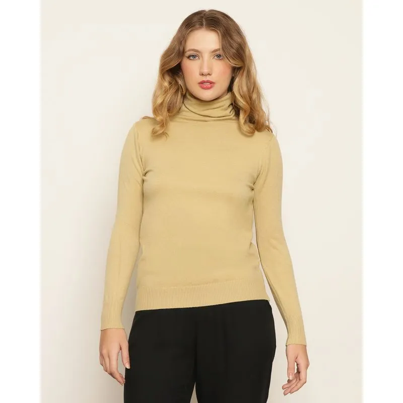 Blusa Feminina Tricô Manga Longa Gola Alta Bege M