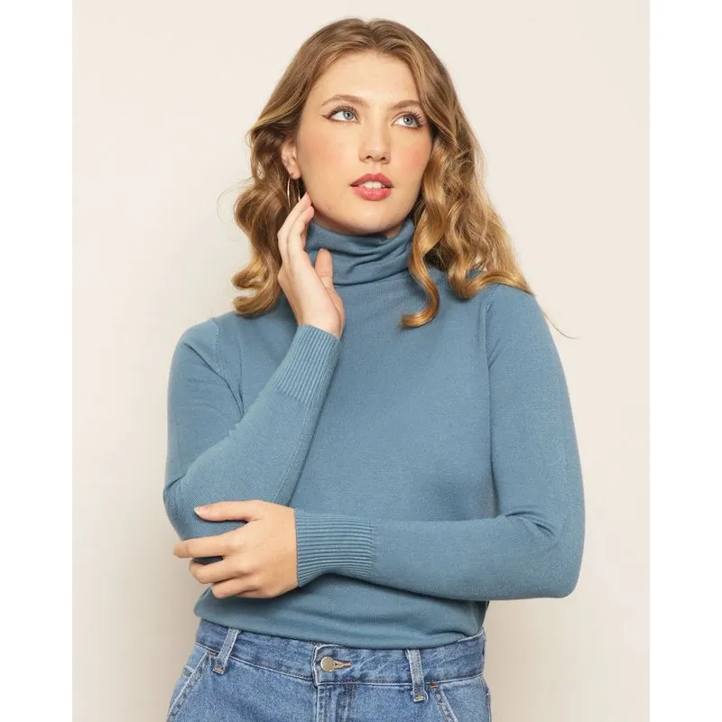 Blusa Feminina Tricô Manga Longa Gola Alta Azul M