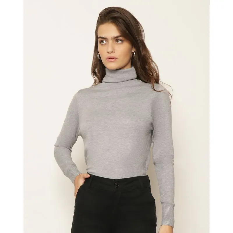 Blusa Feminina Tricô Manga Longa Gola Alta Cinza G