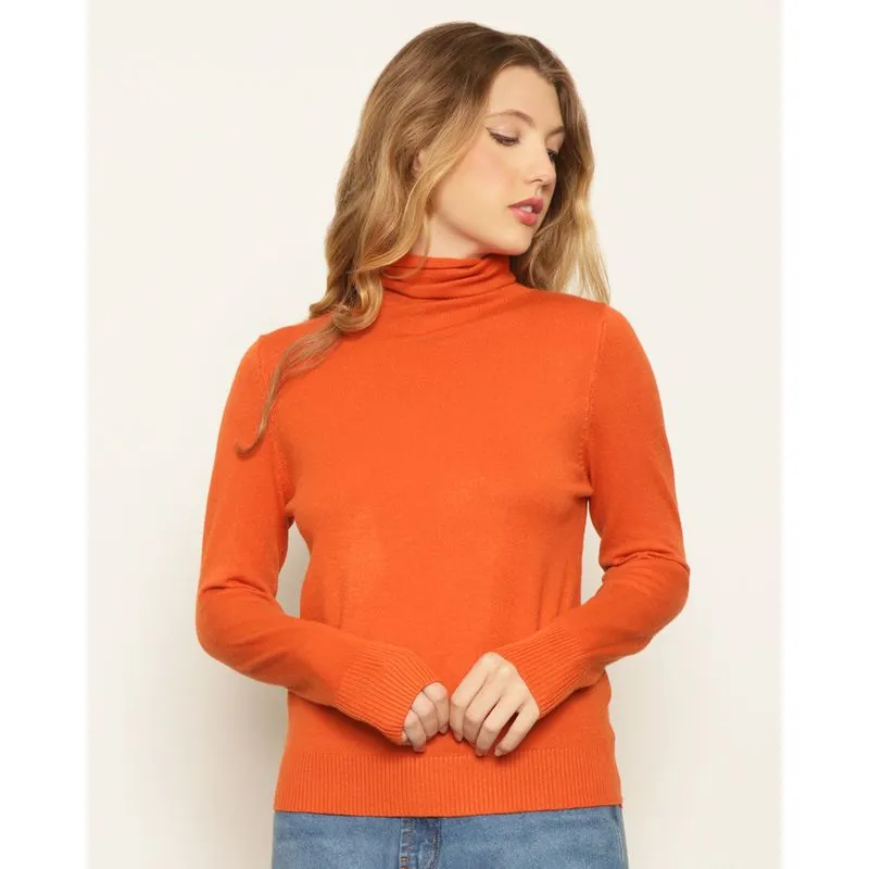 Blusa Feminina Tricô Gola Alta Manga Longa Laranja G