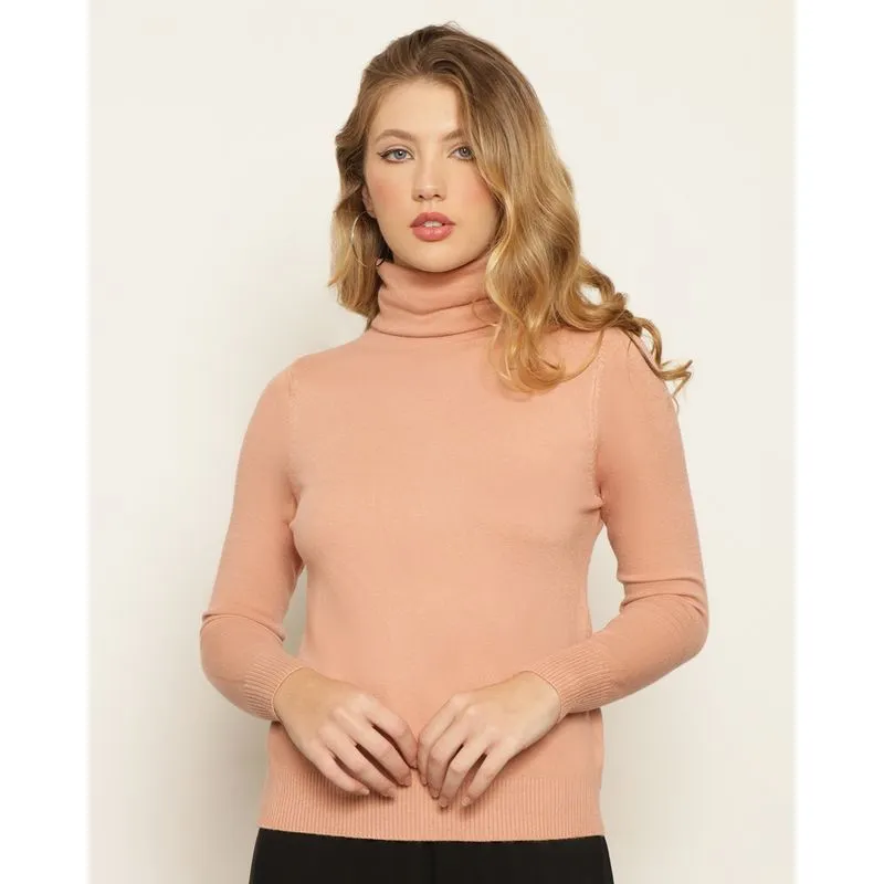 Blusa Feminina Tricô Manga Longa Gola Alta Rosa M