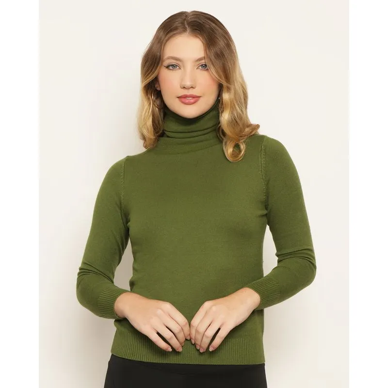 Blusa Feminina Tricô Manga Longa Gola Alta Verde M
