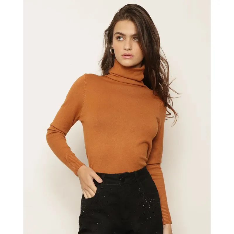 Blusa Feminina Tricô Manga Longa Gola Alta Marrom GG