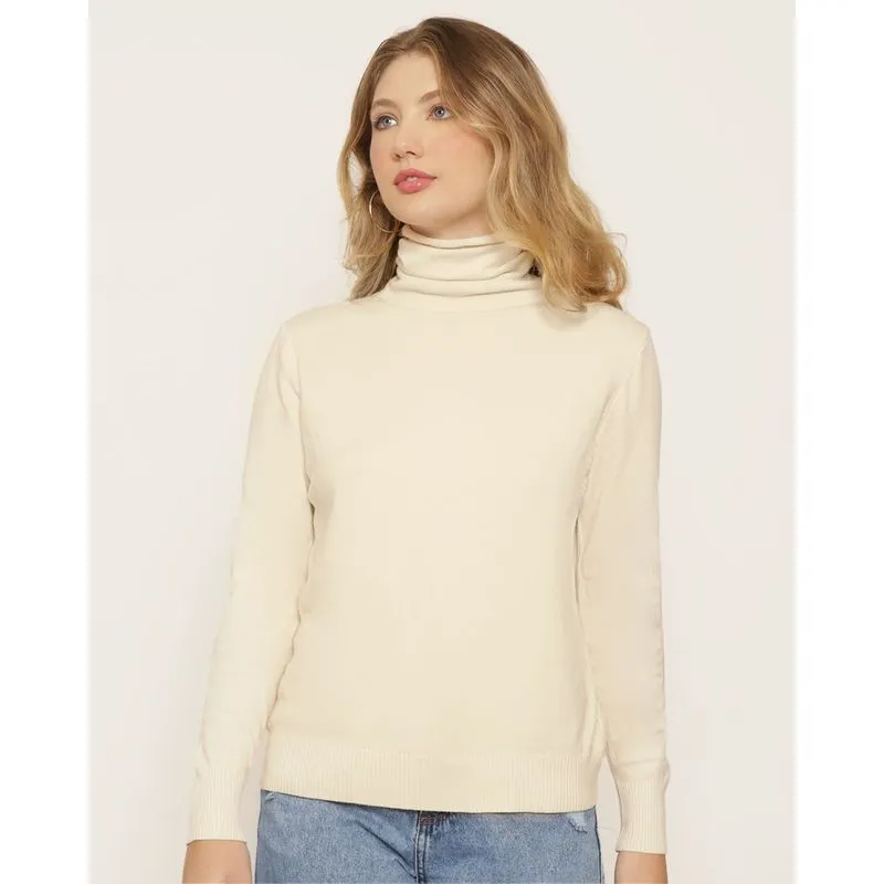 Blusa Feminina Tricô Manga Longa Gola Alta Off White G
