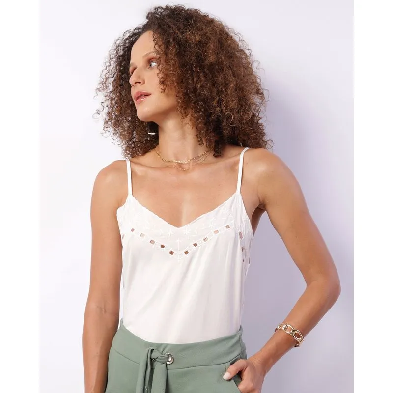 Regata Feminina Viscose Bordado Com Entremeio Branca G