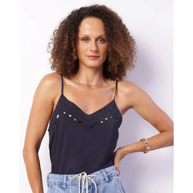 Regata Feminina Viscose Bordado Com Entremeio Marinho GG