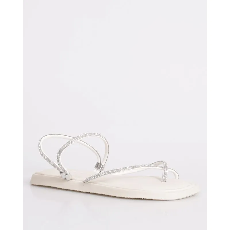 Sandália Rasteira Feminina Tiras Com Strass Off White 39