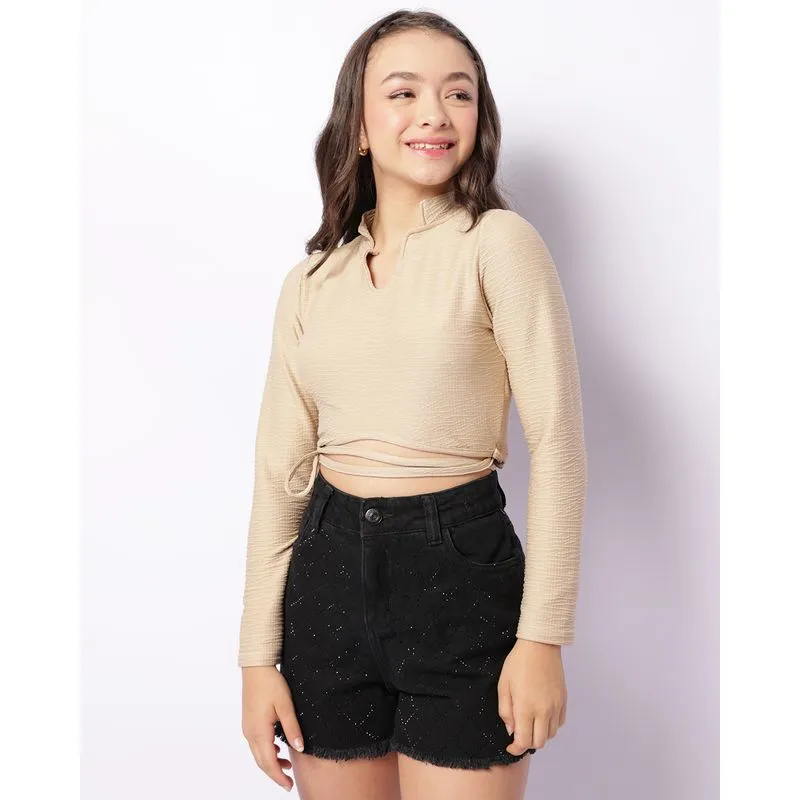 Blusa Juvenil Manga Longa Com Tiras De Amarração Bege 10