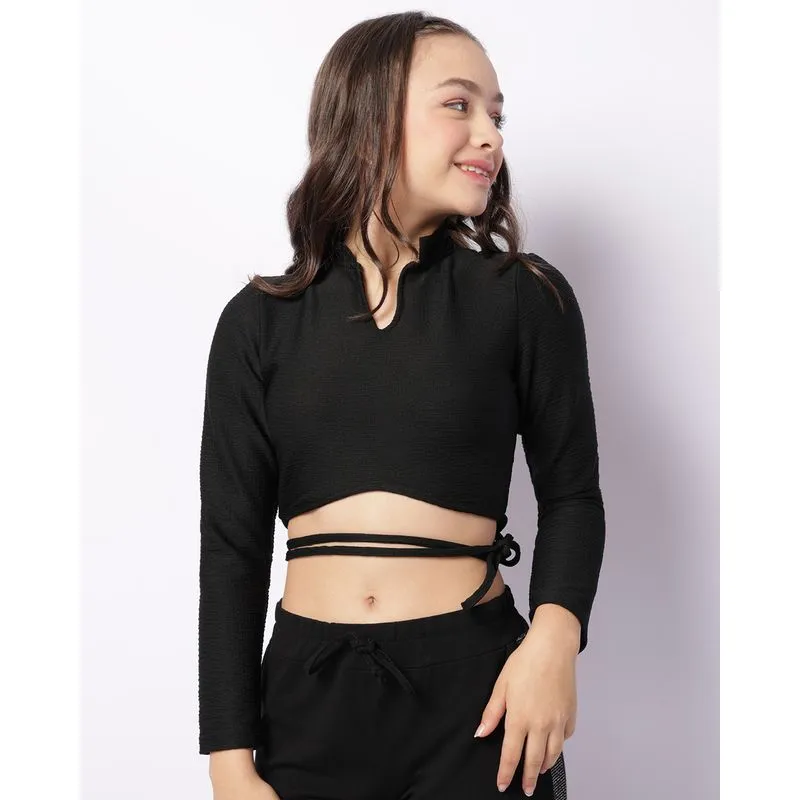 Blusa Juvenil Manga Longa Com Tiras De Amarração Preta 14