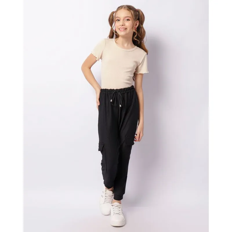 Calça Juvenil Crepe Jogger Bolso Cargo Preta 10