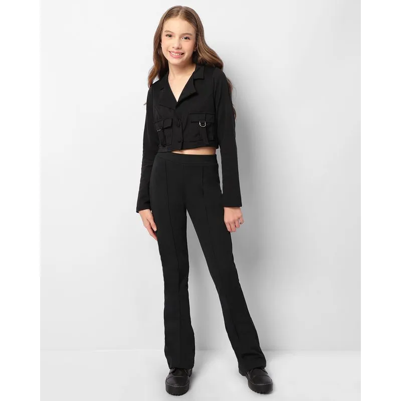 Calça Juvenil Crepe Flare Com Frisos Preta 10