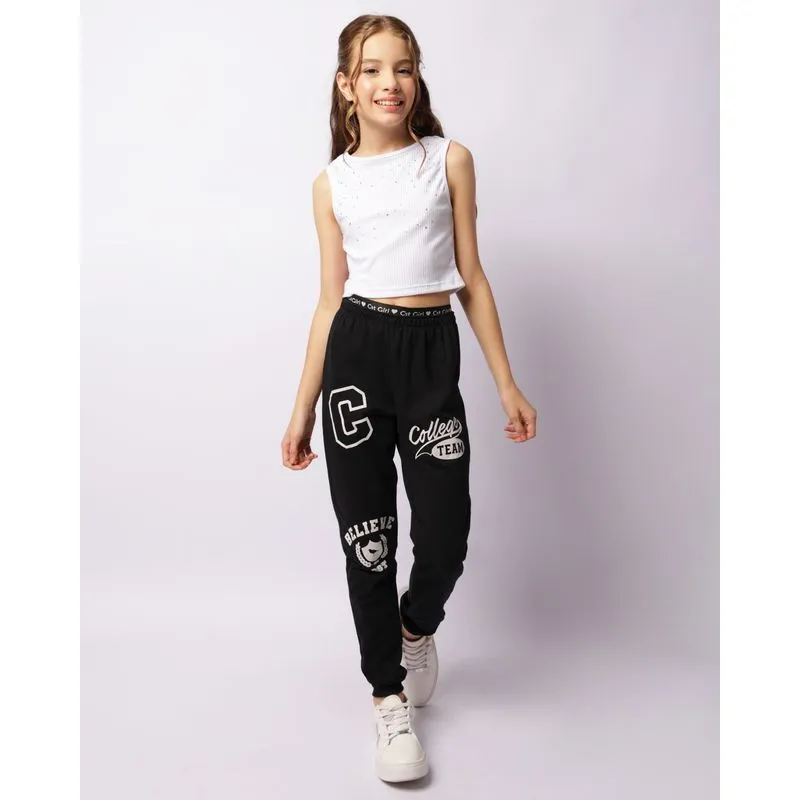 Calça Moletom Juvenil Jogger Peluciada Estampa Frontal Preta 10