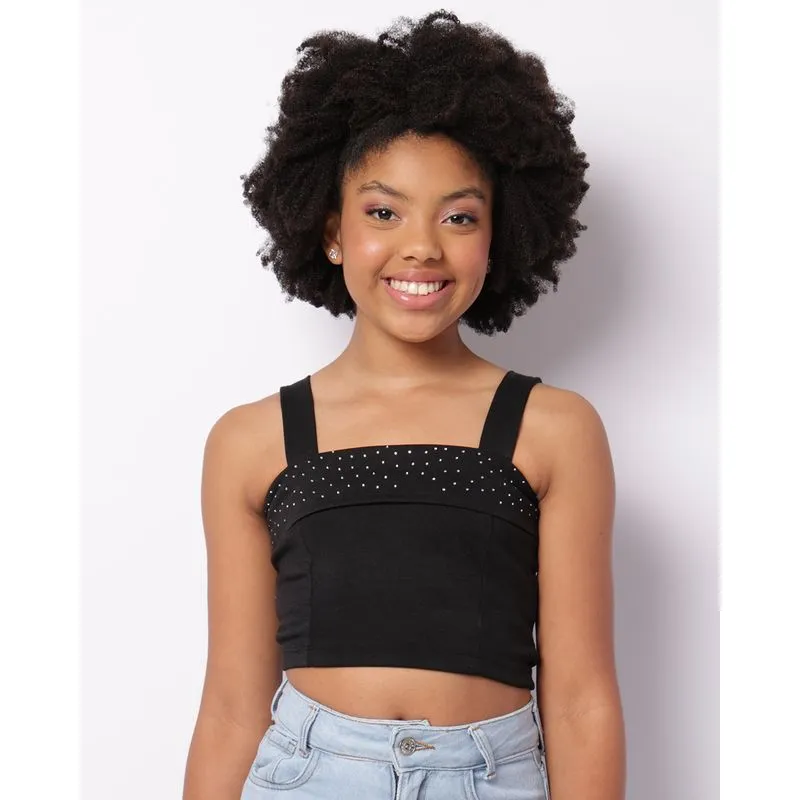 Regata Juvenil Cropped Aplicação Strass Preta 14