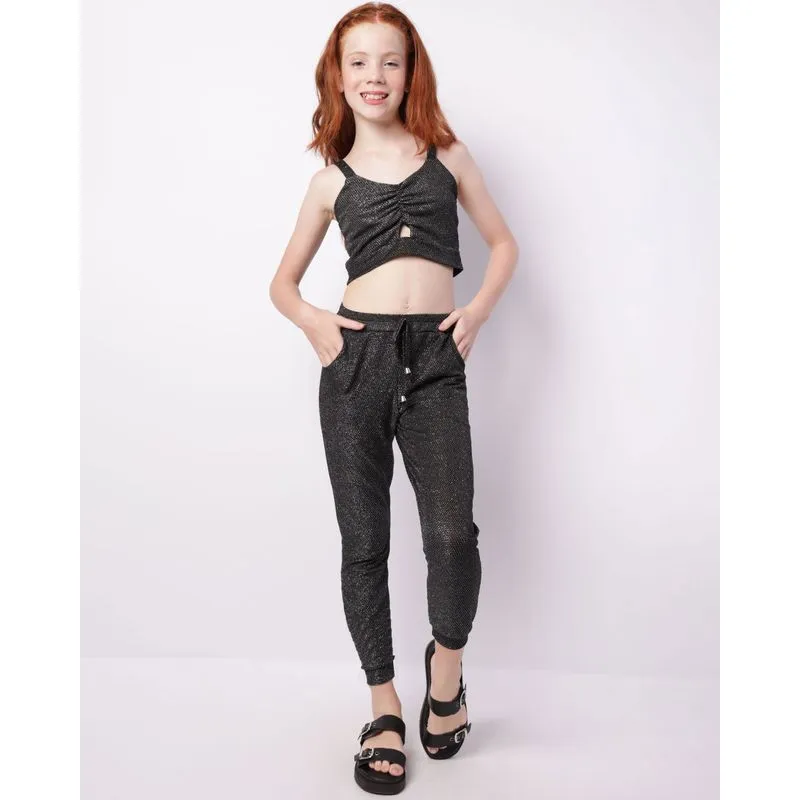 Calça Juvenil Jogger Lurex Prateada Preta 16