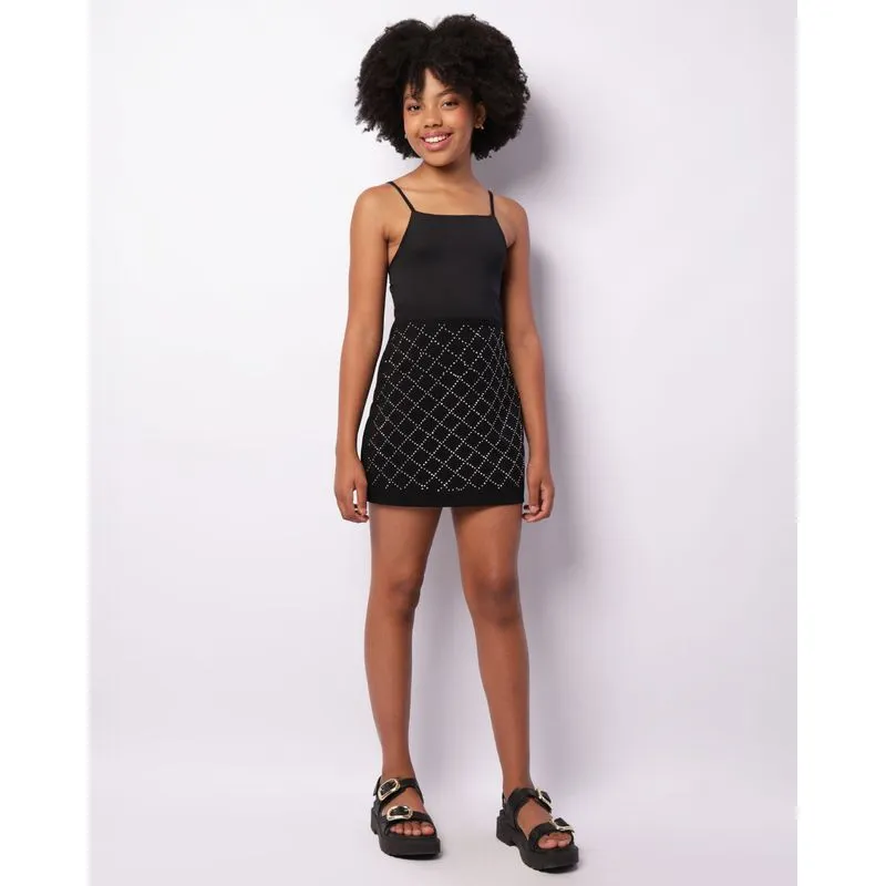 Saia Juvenil Curta Tricoline Com Strass Preta 14
