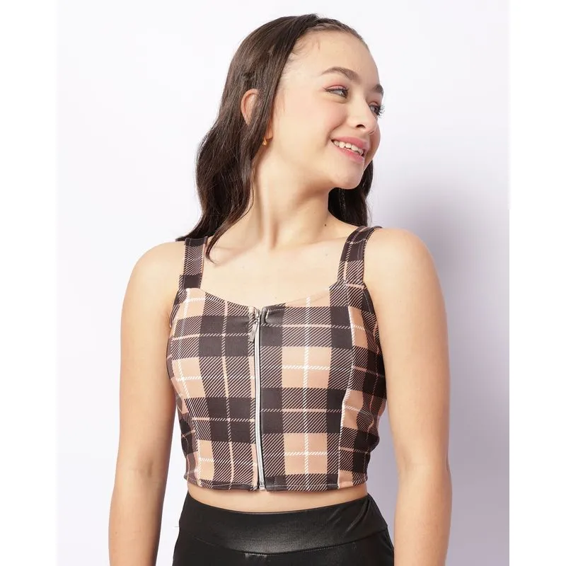 Regata Juvenil Cropped Estampada Xadrez Com Zíper Bege 14