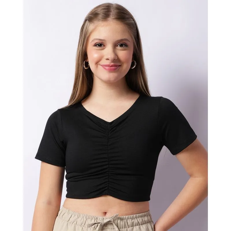 Blusa Juvenil Cropped Franzido Frontal Manga Curta Preta 14