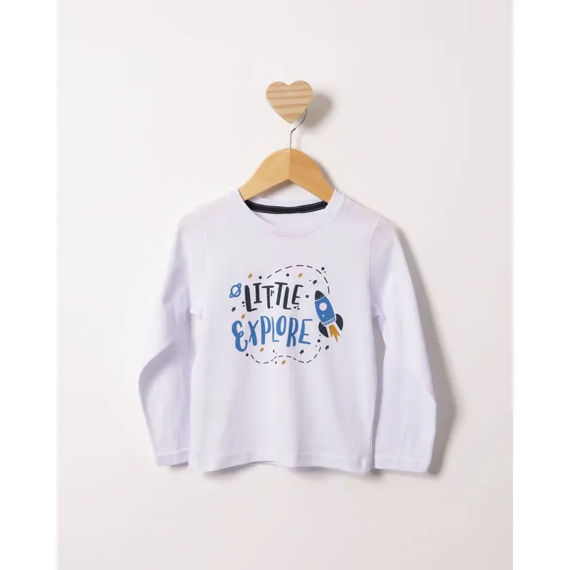 Camiseta Bebê Estampa Foguete Espacial Manga Longa Branca 1