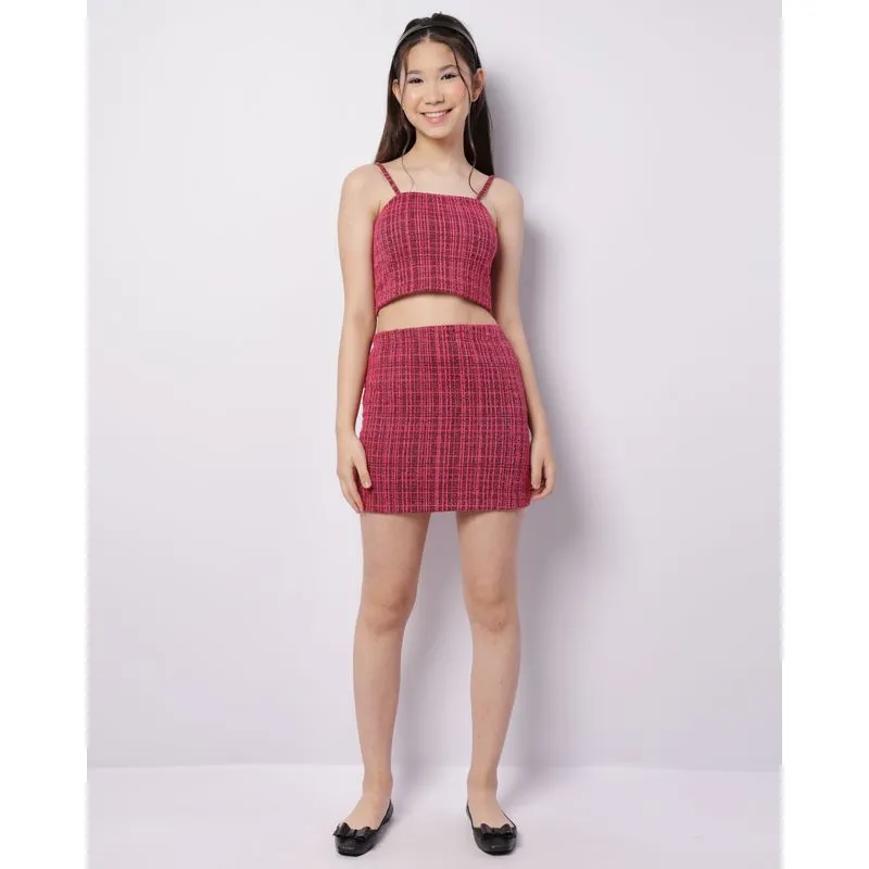 Saia Juvenil Curta Tweed Lurex Rosa 12
